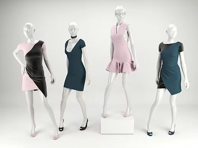 Fashion Mannequins Wearing Short Sleeve Dresses With Asymmetric Hem In Pink Black Teal 3d model