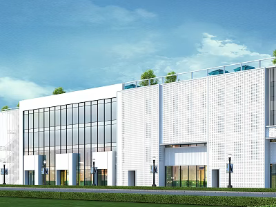 Modern Commercial Complex Exterior With Large Glass Windows White Facade And Rooftop Greenery 3d model