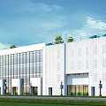 Modern Commercial Complex Exterior With Large Glass Windows White Facade And Rooftop Greenery
