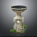 Ornamental Circular Stone Basin With Carved Pedestal And Surrounding Green Plants