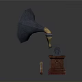 Vintage Phonograph Electronic Appliance With Golden Horn And Wooden Base Accessory