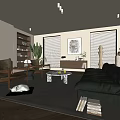 Modern Living Room Interior With Black Sofa Wooden Chairs Marble Coffee Table And Large Potted Plant