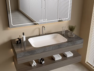 Modern Bathroom Cabinet With Stone Countertop LED Mirror And Storage Shelves 3d model
