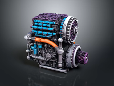 Intricate Mechanical Engine Component With Blue Purple Parts Orange Tube And Gears 3d model