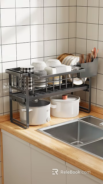 Sturdy Black Double Layer Kitchen Rack Holding Dishes Pots and Storage Organizer 3d model