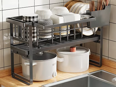 Sturdy Black Double Layer Kitchen Rack Holding Dishes Pots and Storage Organizer 3d model
