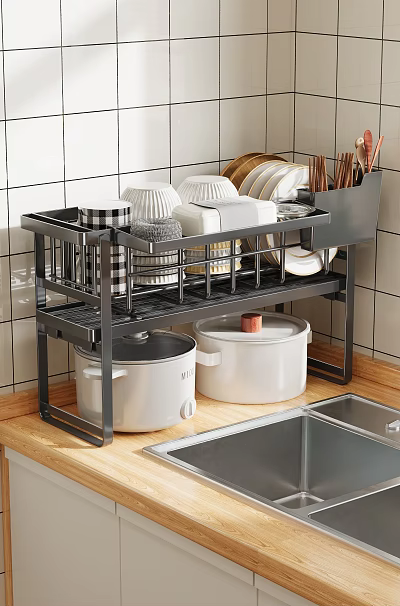 Sturdy Black Double Layer Kitchen Rack Holding Dishes Pots and Storage Organizer 3d model