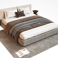 Modern Double Bed With Beige Headboard White Pillows Brown Blanket And Gray Carpet