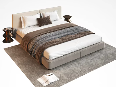 Modern Double Bed With Beige Headboard White Pillows Brown Blanket And Gray Carpet 3d model