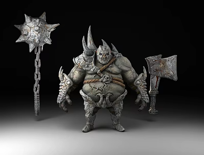 Muscular Fantasy Warrior Man with Spiked Armor Horns Battle Axes and Chain Mace 3d model