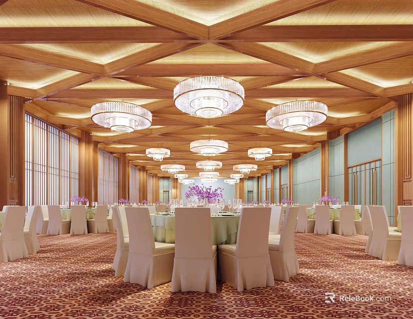 Elegant Banquet Hall With Wooden Ceiling Crystal Chandeliers White Chair Covers And Purple Flowers 3d model 