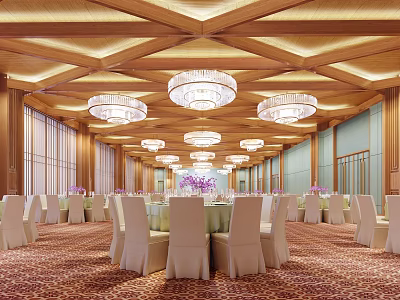Elegant Banquet Hall With Wooden Ceiling Crystal Chandeliers White Chair Covers And Purple Flowers 3d model