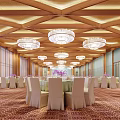 Elegant Banquet Hall With Wooden Ceiling Crystal Chandeliers White Chair Covers And Purple Flowers