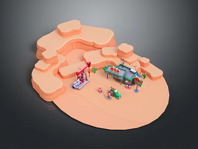Vibrant 3D Scenic Landscape With Orange Hills Small Buildings Green Plants And Miniature Vehicles 3d model