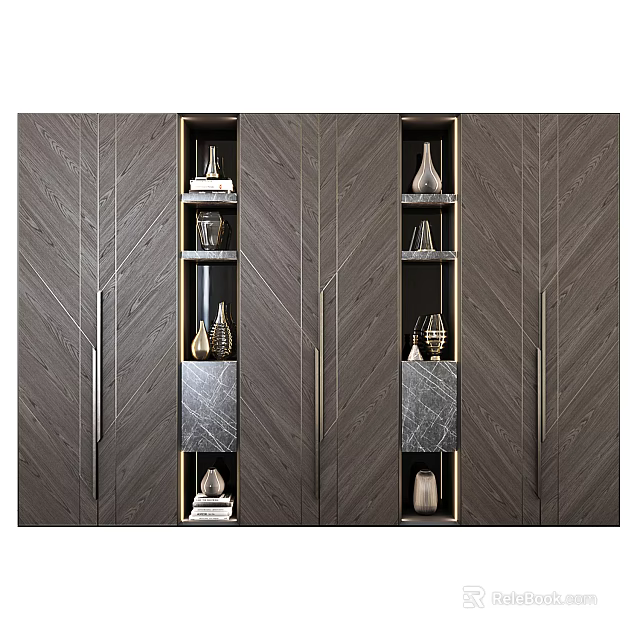 Modern Decorative Cabinet With Wood Grain Open Shelves And Marble Panels For Living Room 3d model 