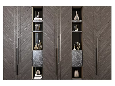 Modern Decorative Cabinet With Wood Grain Open Shelves And Marble Panels For Living Room 3d model