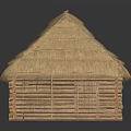 Traditional Wooden Cabin With Thatch Roof Small Windows And Wooden Walls