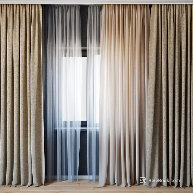 Beige Thick Curtains With White Sheer Panels And Window Light Filtering 3d model 