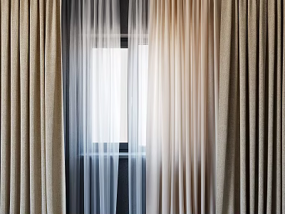 Beige Thick Curtains With White Sheer Panels And Window Light Filtering 3d model