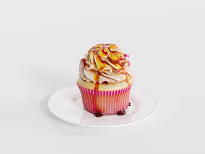 Delicious Cupcake With Cream Frosting Caramel Drizzle And Almond Toppings On White Plate 3d model