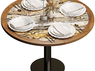 Elegant Tableware Set on Round Dining Table with Plates Napkins Cutlery Wine Glasses and Vase 3d model