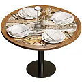 Elegant Tableware Set on Round Dining Table with Plates Napkins Cutlery Wine Glasses and Vase