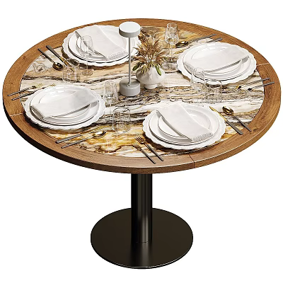 Elegant Tableware Set on Round Dining Table with Plates Napkins Cutlery Wine Glasses and Vase 3d model