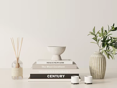 Ornamental Decor Set With Stacked Books Bowl Reed Diffuser Vase Green Foliage And Candles 3d model