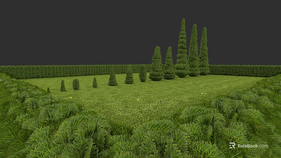 Botanical Painting With Well Trimmed Trees Lush Lawn And Various Height Plants On Dark Background 3d model 
