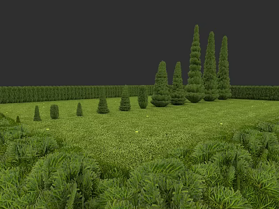 Botanical Painting With Well Trimmed Trees Lush Lawn And Various Height Plants On Dark Background 3d model