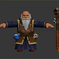 3D Cartoon Wizard Game Character With White Beard Blue Robe And Wooden Staff