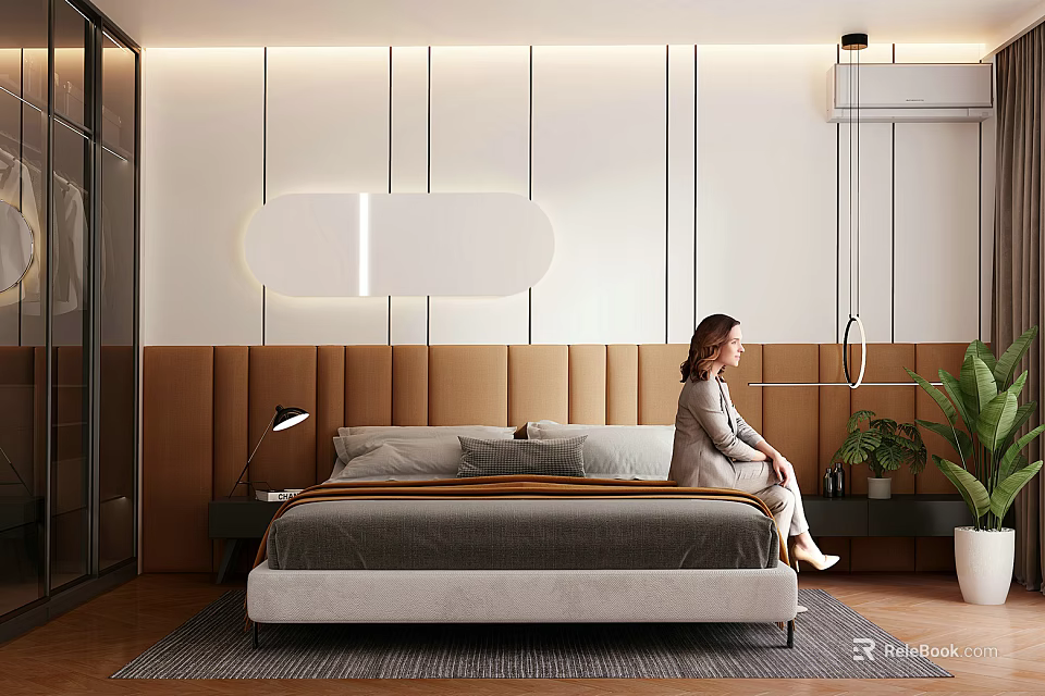Modern Minimalist Bedroom Interior With Headboard Wall Lighting Rug And Plant 3d model 