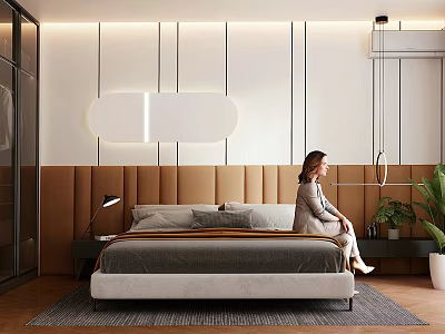 Modern Minimalist Bedroom Interior With Headboard Wall Lighting Rug And Plant 3d model