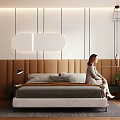 Modern Minimalist Bedroom Interior With Headboard Wall Lighting Rug And Plant