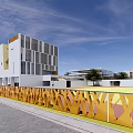 Modern White School Building With Geometric Facade Green Lawn Trees And Glass Windows