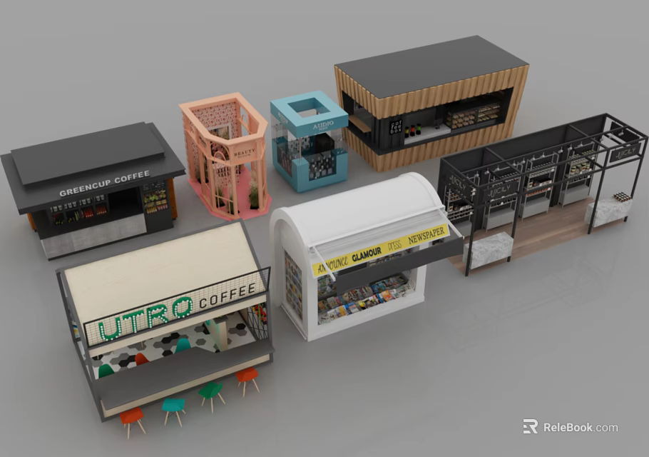 Various Coffee Kiosk And Small Shop Models With Colorful Designs Tables Chairs And Shelves 3d model 