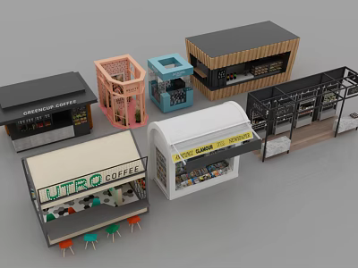 Various Coffee Kiosk And Small Shop Models With Colorful Designs Tables Chairs And Shelves 3d model
