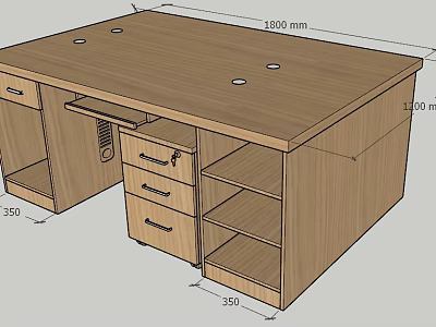 Wooden Office Desk With Drawers Open Shelves Top Holes And Dimensions 3d model