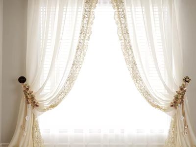 Elegant White Window Curtain With Delicate Lace Trim And Light Filtering Tiebacks 3d model