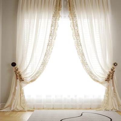 Elegant White Window Curtain With Delicate Lace Trim And Light Filtering Tiebacks 3d model