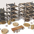 Wooden Shelving Units with Woven Baskets and a Person Organizing Items in Rustic Storage Space