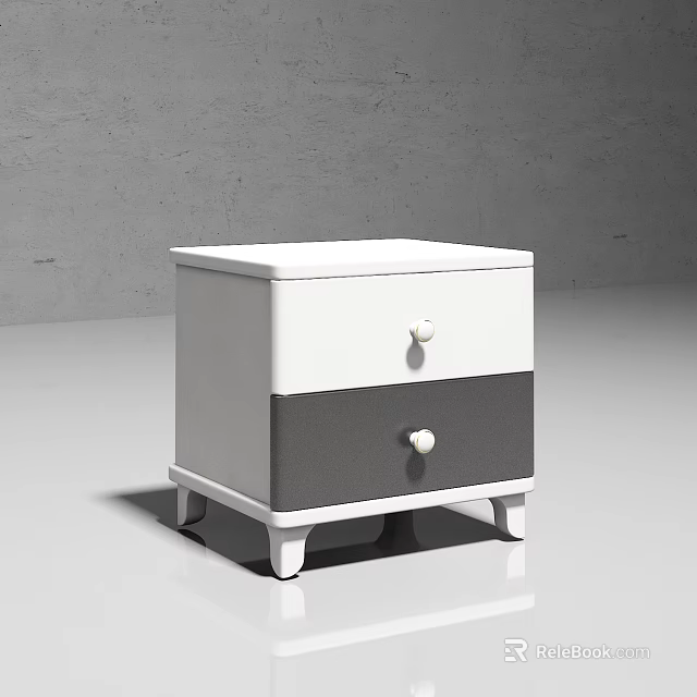 White and Gray Modern Bedside Table With Two Drawers Round White Knobs And Short Legs 3d model 