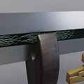 Ornate Sword with Spiked Blade Golden Hilt Dragon Pattern on Wooden Stand with Carved Characters