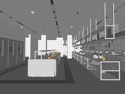 Spacious Commercial Kitchen Layout With Multiple Workstations And Stainless Steel Equipment 3d model