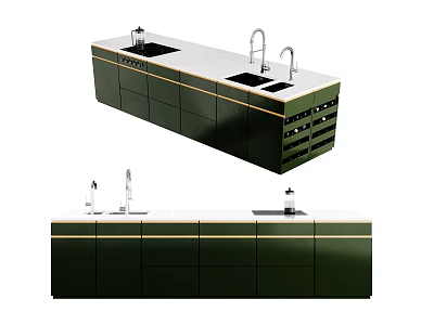 Modern Dark Green Bar Counter With Sleek Surface Sink Faucet And Metal Trim Cabinets 3d model