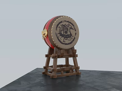 Traditional Chinese Decorative Drum With Red Body Dragon Pattern And Wooden Stand 3d model