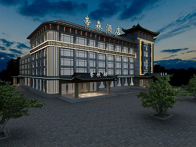 Traditional Chinese Style Hotel Building With Modern Glass Curtain Wall And Evening Lighting 3d model