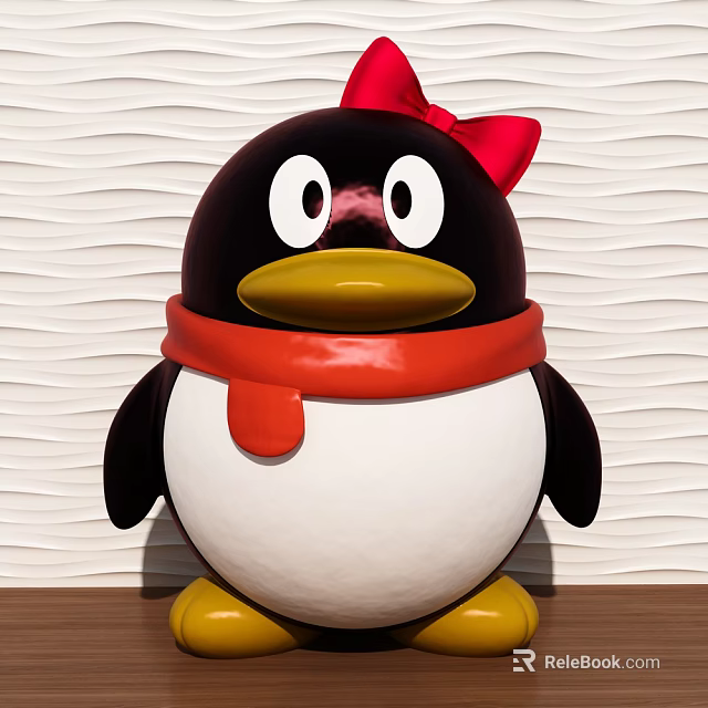 Penguin Decorative Ornament Set With Red Bow Scarf On Wavy Wall Wooden Base Home Decor 3d model 