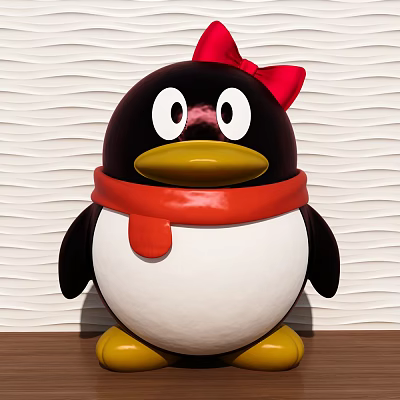 Penguin Decorative Ornament Set With Red Bow Scarf On Wavy Wall Wooden Base Home Decor 3d model