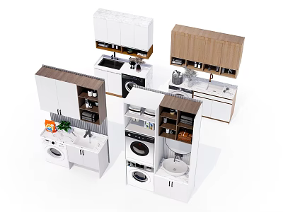 Modern Functional Bathroom Cabinet Design With White Wooden Storage Sink And Washing Machine 3d model